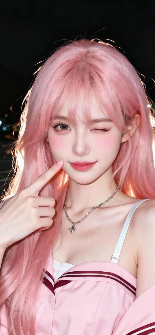 暗夜背景下粉发少女wink眨眼，指尖轻抵脸颊，身着粉色吊带穿搭。