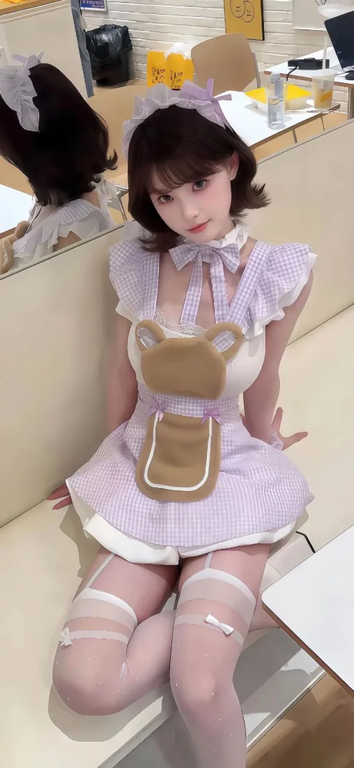 短发少女身着浅紫格纹小熊围裙女仆装，坐在室内卡座上，搭配白边过膝丝袜。