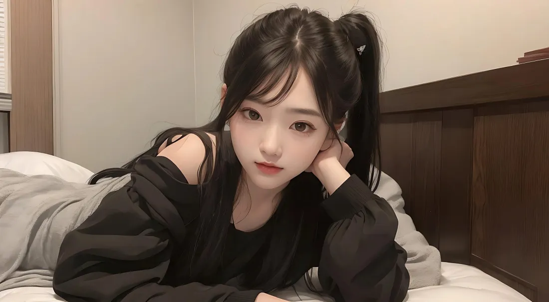黑发高马尾少女穿黑色露肩上衣，趴在卧室床上托腮看向镜头
