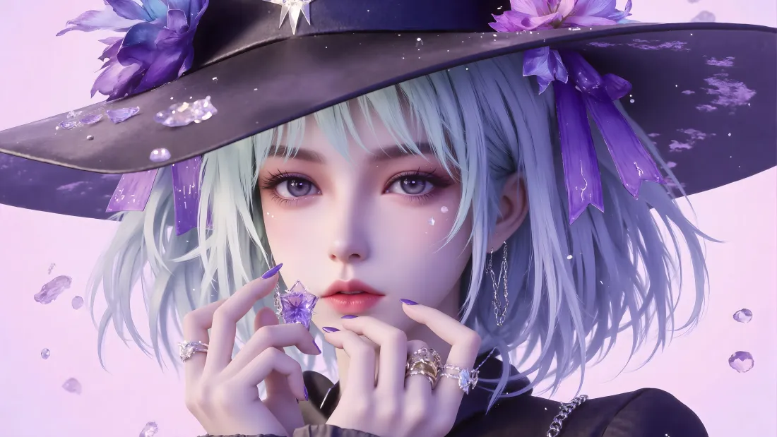 紫调浅蓝短发女巫帽美少女，手持紫水晶，背景淡粉点缀气泡