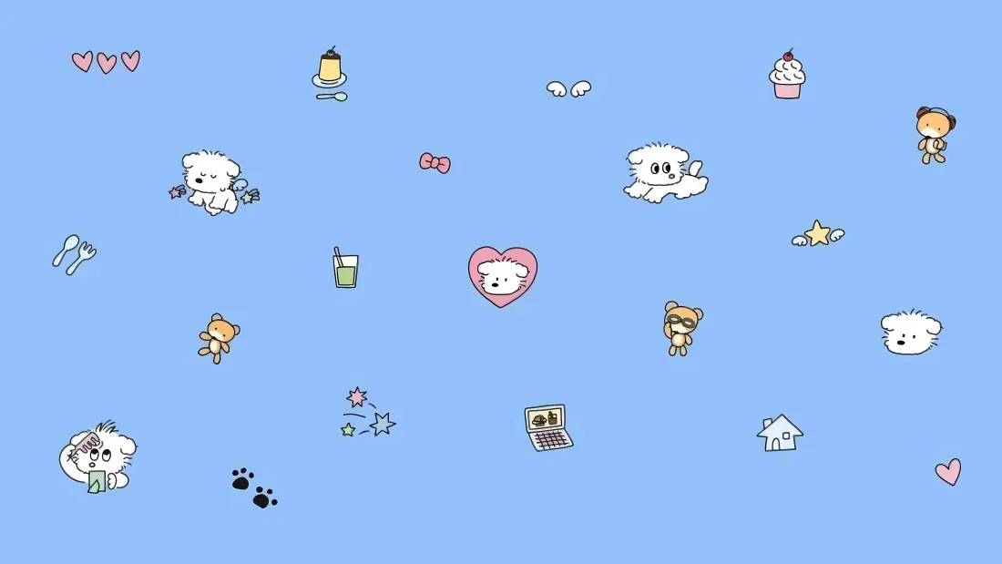 浅蓝背景上散落分布着卡通小狗、小熊、甜点、爱心等软萌小元素。
