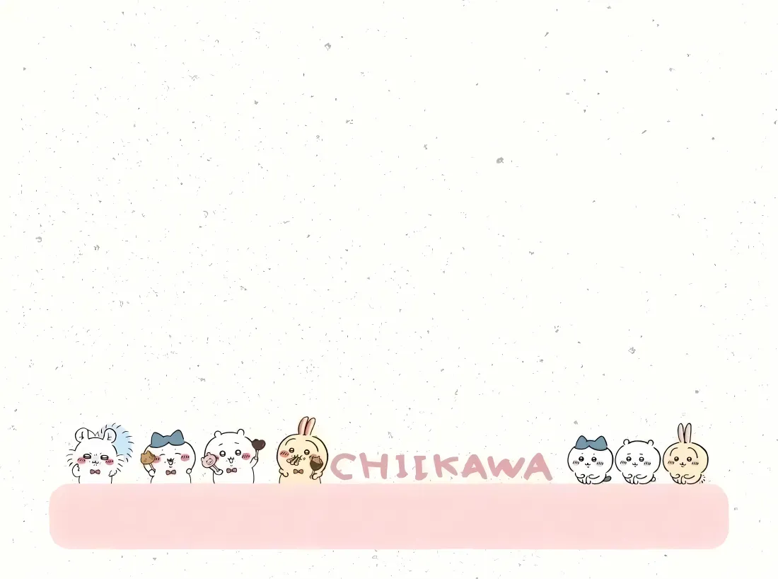 4k吉伊卡哇壁纸|简约背景图片 - Chiikawa「哲风壁纸」 浅白细点背景底部,一排吉伊卡哇角色立于粉色圆角条上,中间有CHIIKAWA字样