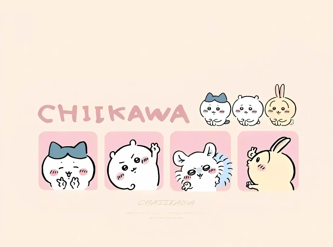 4k吉伊卡哇壁纸|Chiikawa背景图片 - 可爱萌系「哲风壁纸」 浅粉色背景上排列着吉伊卡哇系列Q版卡通角色,搭配粉色CHIIKAWA字样