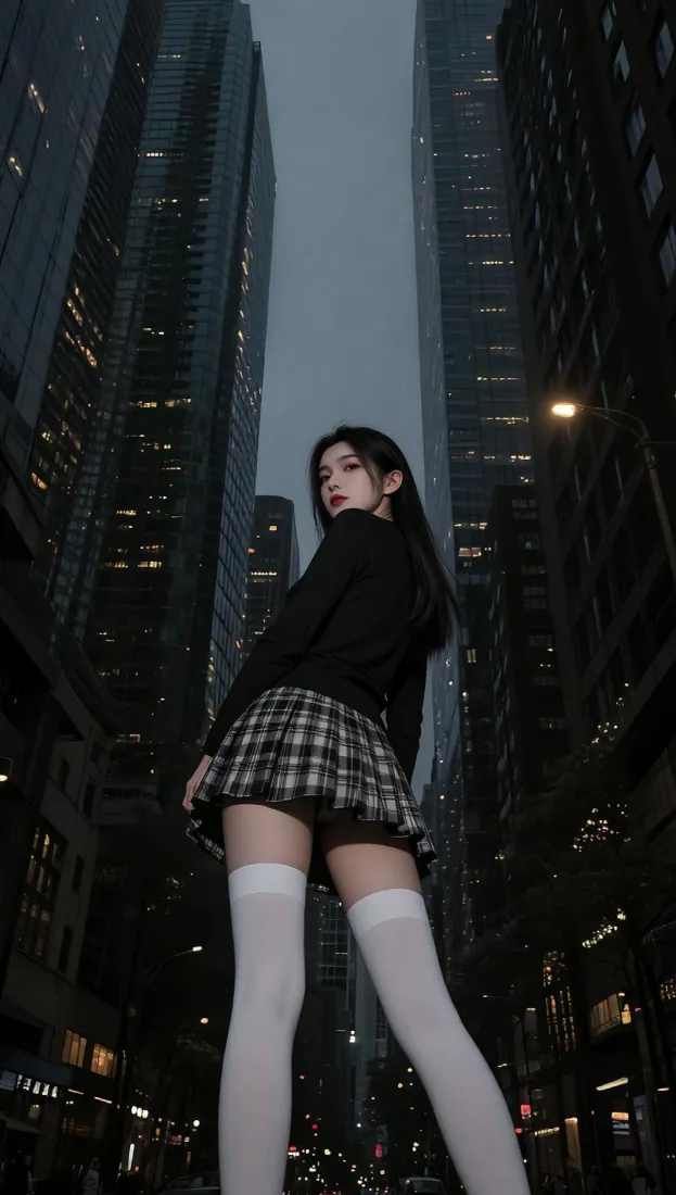 低角度仰拍夜景都市高楼间，黑上衣格纹短裙白长袜的长发女生回头站立