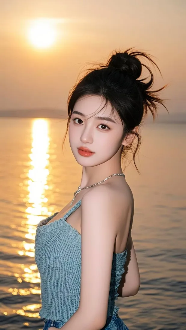 丸子头美女身着蓝色吊带站在海边，背景是落日与金色水面反光。