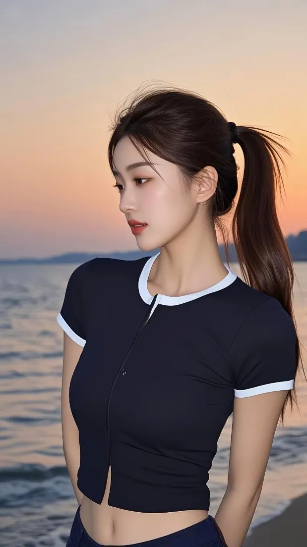 黄昏海边，扎高马尾的年轻女子身着藏蓝白边紧身露腰短袖，侧脸望向画面左侧。