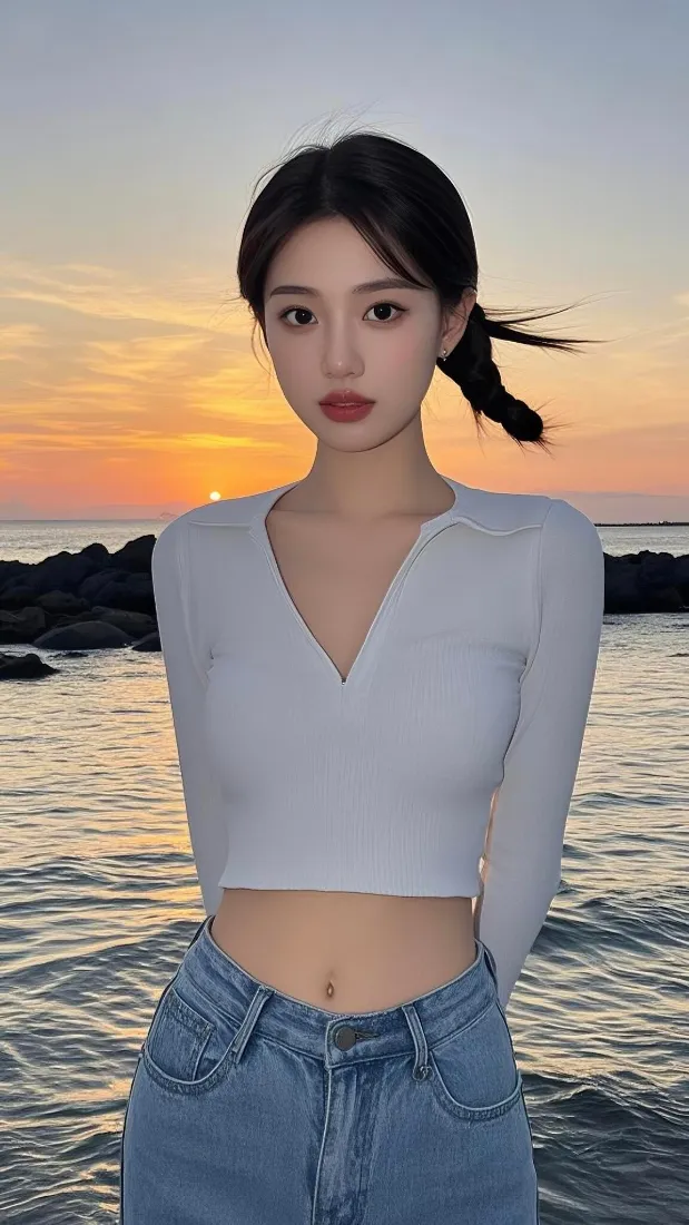 黄昏海边，扎麻花辫的年轻女子穿白色露腰上衣与牛仔裤，立于礁石海面旁。