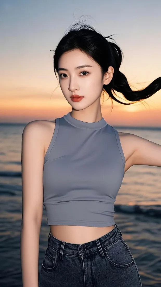 黄昏海边，扎马尾的年轻女子穿灰蓝无袖背心与深色牛仔裤，背景是橙蓝渐变的海面与天空。
