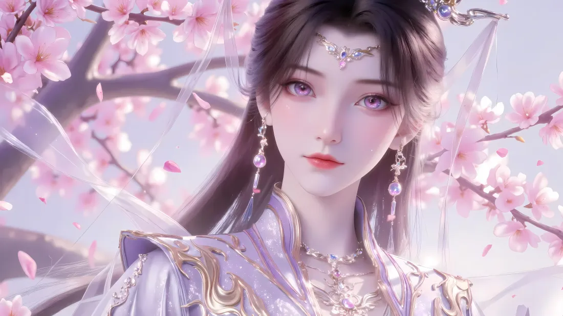 《仙逆》李慕婉古风半身像，紫衣紫眸额饰，桃花枝环绕飘花。