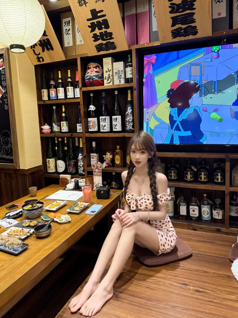 双麻花辫豹纹露肩裙女子光脚坐日式居酒屋木桌旁，背景摆满清酒与动漫屏幕。