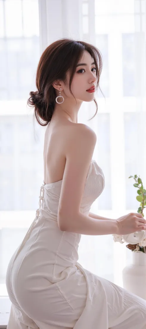 身着白色露背长裙的女子侧身回眸，手持花束，背景为明亮的白色纱帘。