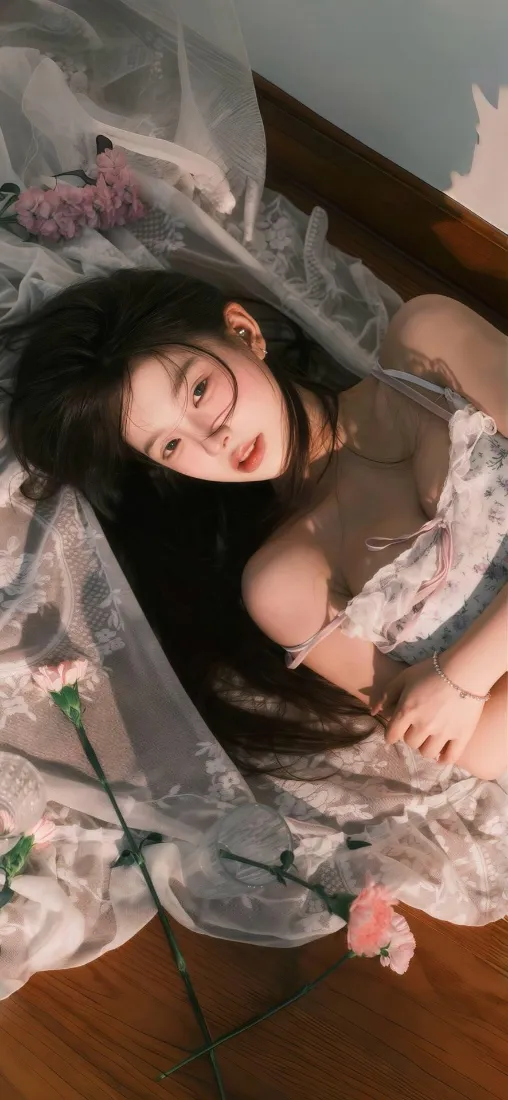 戴圆框眼镜的长发女生躺于网纱与鲜花间，暖调柔焦氛围感写真
