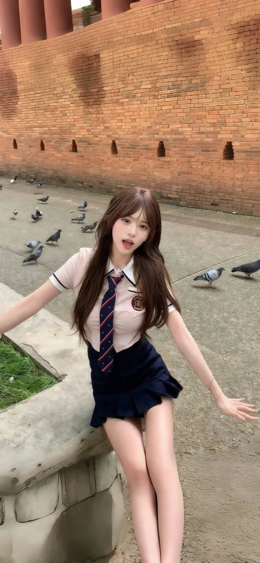 穿JK制服的长发少女坐在石台上，身后红砖墙前的地面上有许多鸽子。