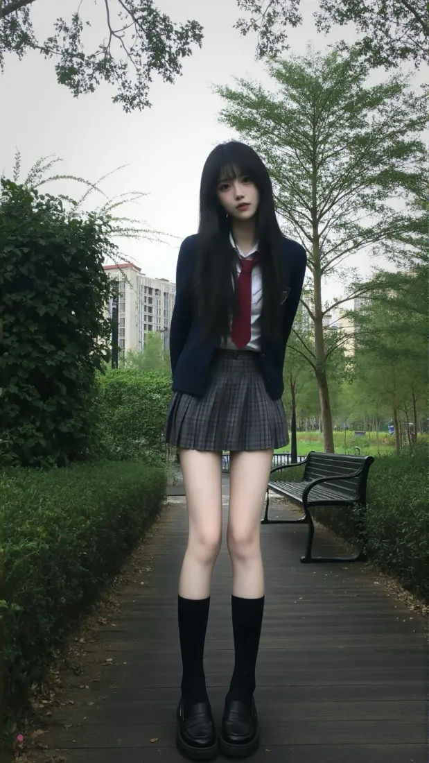 黑长直JK少女站在公园步道上，身着学院风制服搭配红领带与黑袜皮鞋。