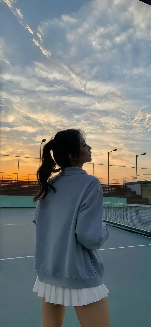 黄昏时分，扎马尾的少女身着蓝色外套与白色百褶裙，站在网球场望向天空。