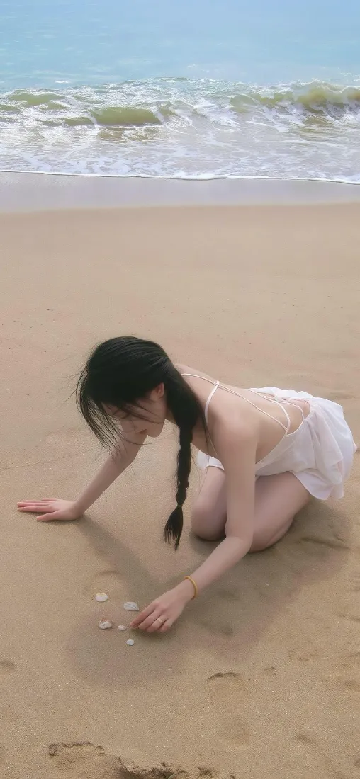 穿白裙的麻花辫少女跪坐沙滩上捡拾贝壳，背景是海浪与蓝天