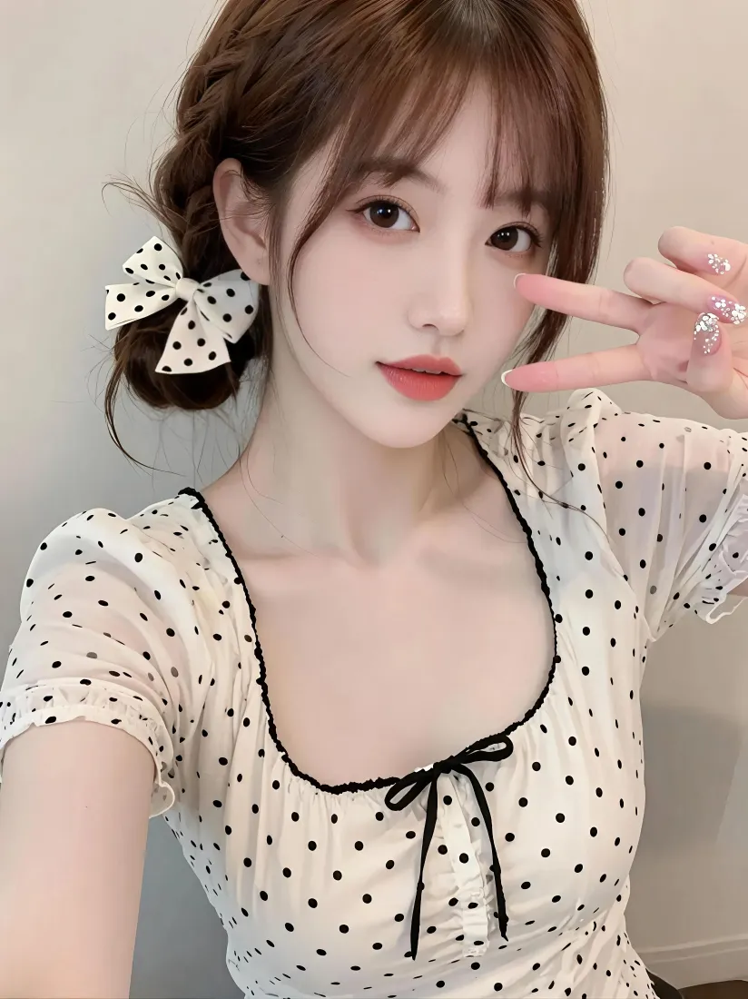 棕发少女佩戴波点蝴蝶结发饰，穿波点方领上衣，抬手比耶自拍