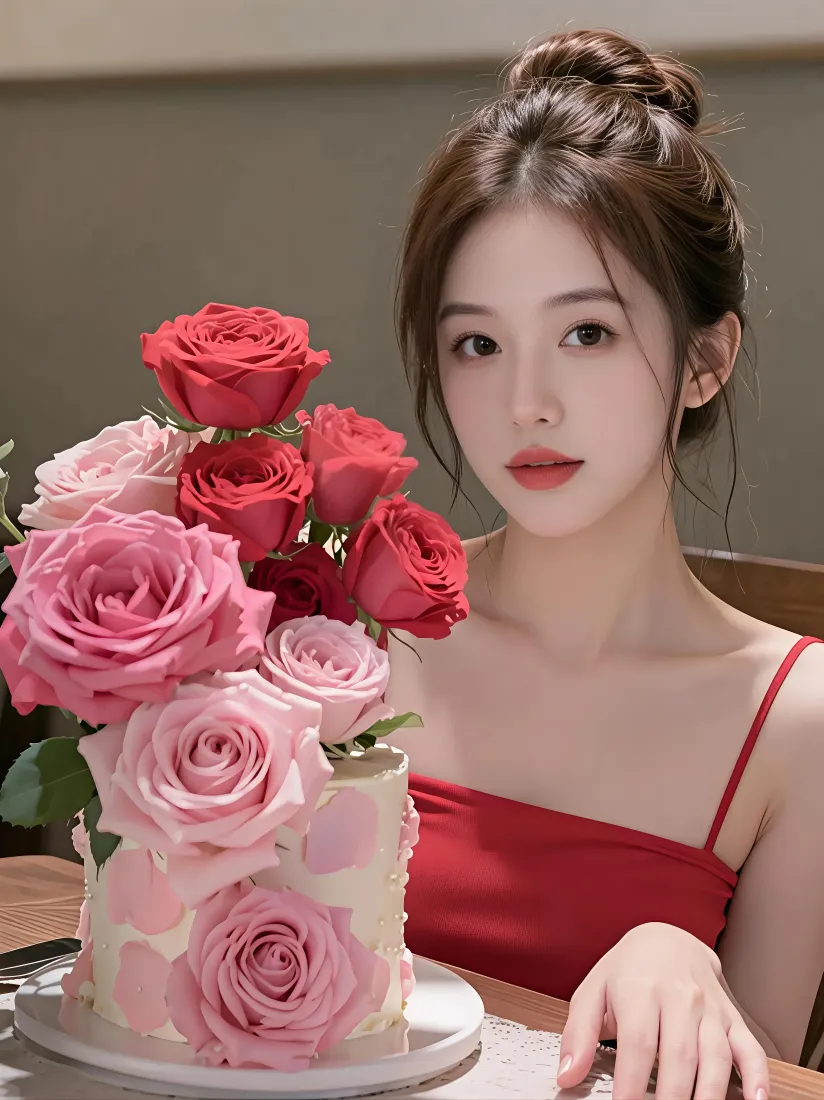 丸子头红衣女子坐在桌旁，身旁是装饰粉玫瑰的奶油蛋糕