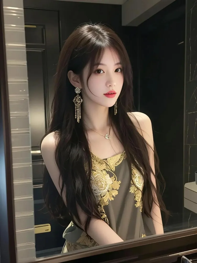 长发美女对镜自拍，身着金色刺绣吊带裙，佩戴水钻流苏耳坠，身处深色室内空间。