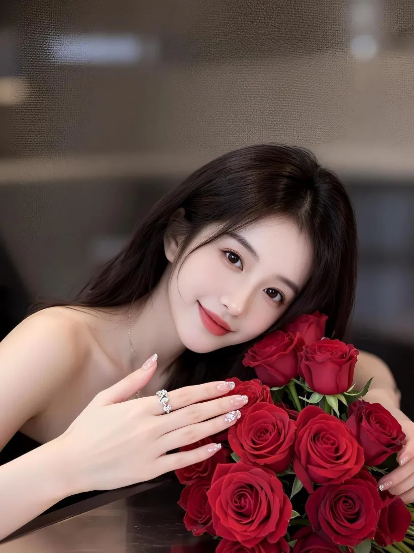 长发红唇裸肩美女倚靠在一束红玫瑰旁，佩戴钻戒，背景虚化