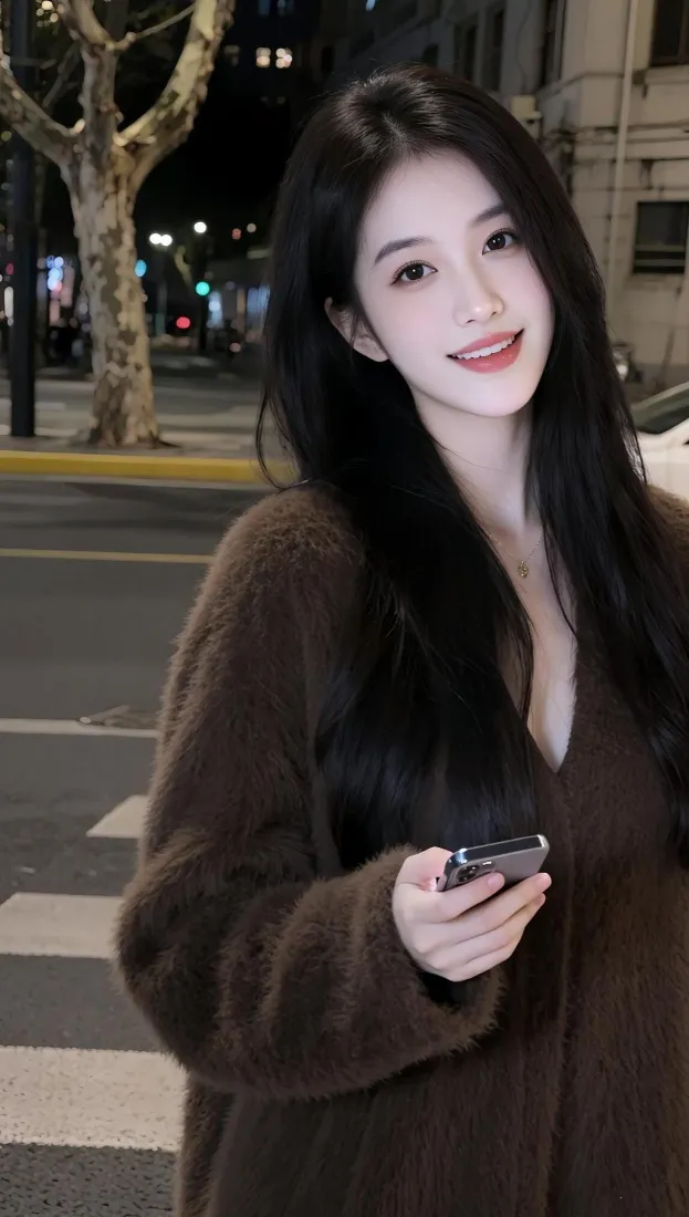 夜晚街头，长发棕毛衣女子手持手机微笑，背景虚化街景。