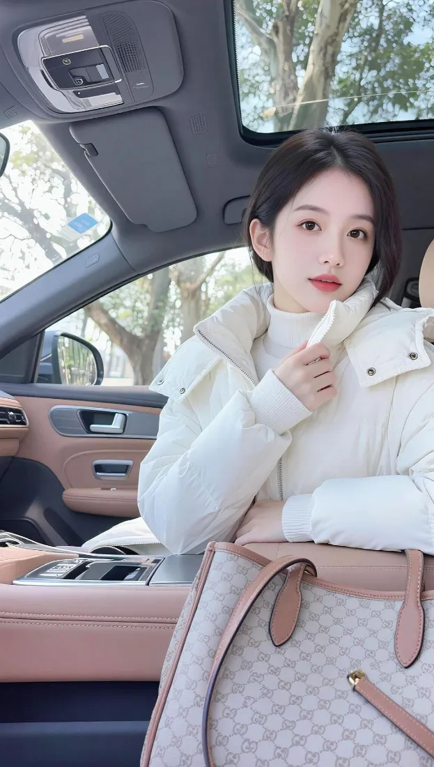 年轻女子身着白色羽绒服坐在汽车副驾，身旁放着粉色托特包，车窗外可见树木。