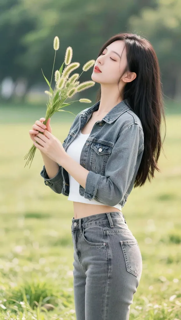长发女子身着牛仔套装站在草地上，手持狗尾草闭眼轻嗅，背景是虚化的树林草地。