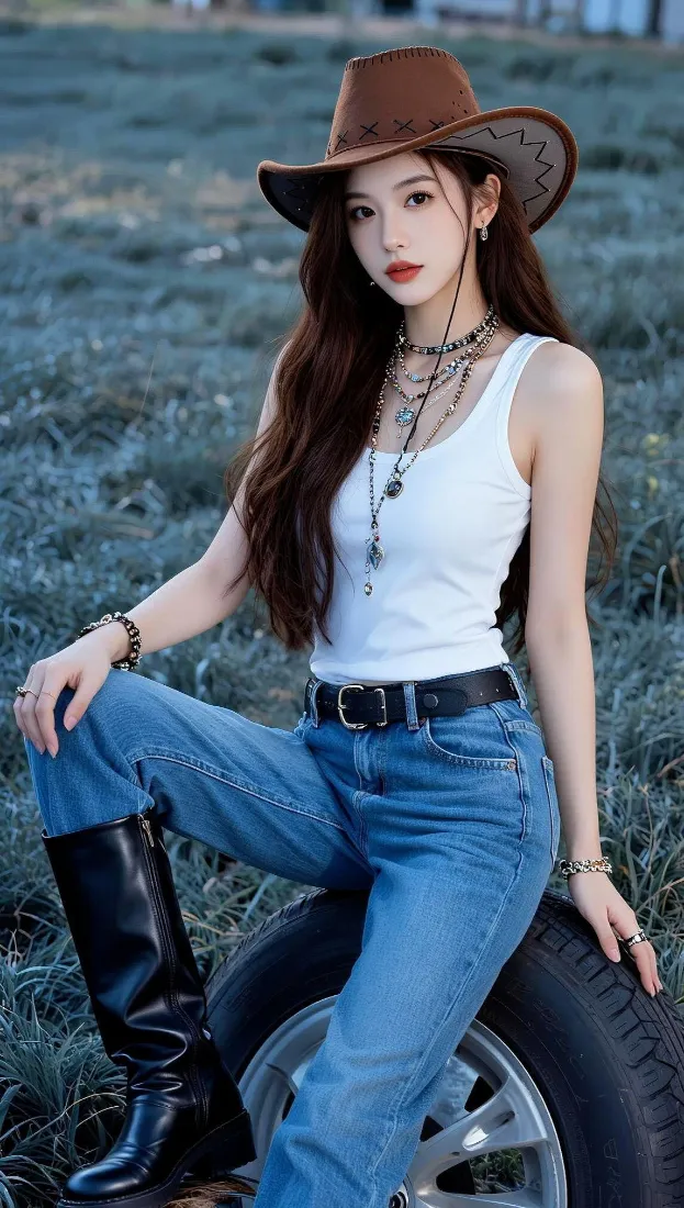 戴牛仔帽的长发女子身着白背心与牛仔裤，坐在户外草地的汽车轮胎上。