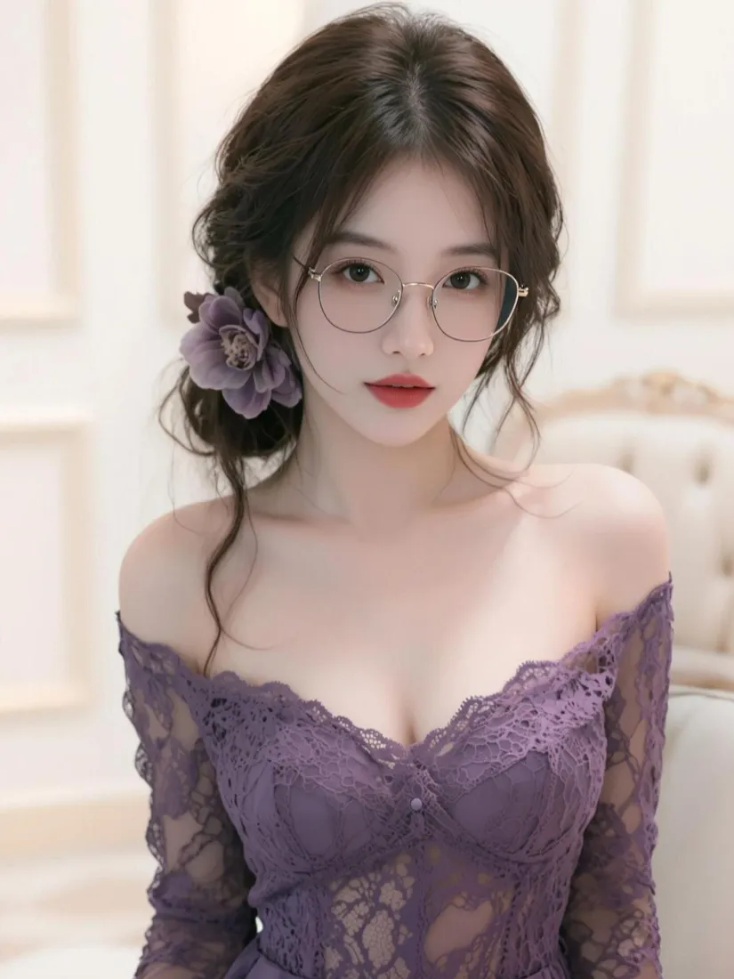戴细框眼镜的年轻女性，着紫色露肩蕾丝裙，发间别紫花，室内柔光下优雅温婉。