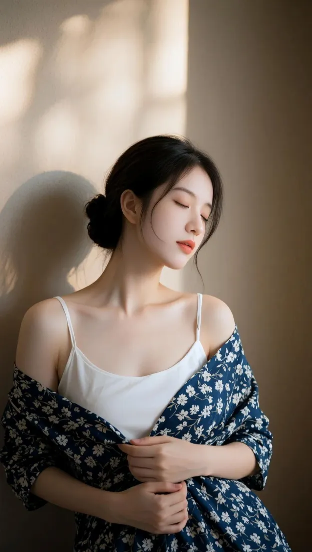 暖调室内光影下，盘发女子身着白吊带搭碎花外衫，闭眼靠墙姿态慵懒