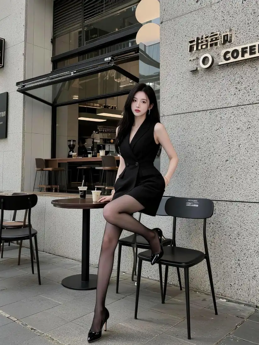 黑裙黑丝御姐倚靠咖啡厅外桌沿，姿态优雅，背景为户外咖啡座。