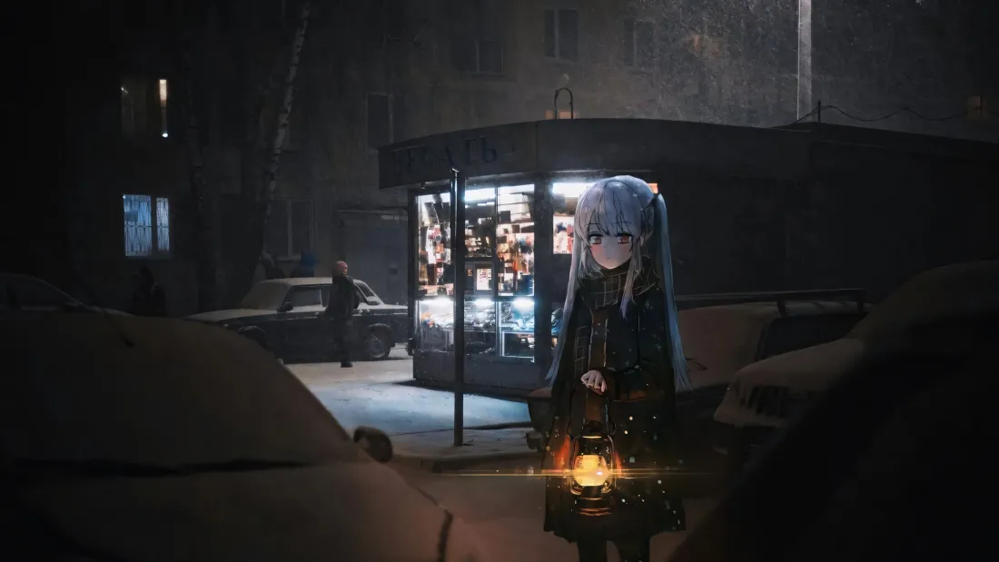 3k银发少女壁纸|夜景街头背景图片 - 报刊亭「哲风壁纸」 冬夜积雪街头,银发双马尾少女手提暖光煤油灯,站在亮灯报刊亭前。