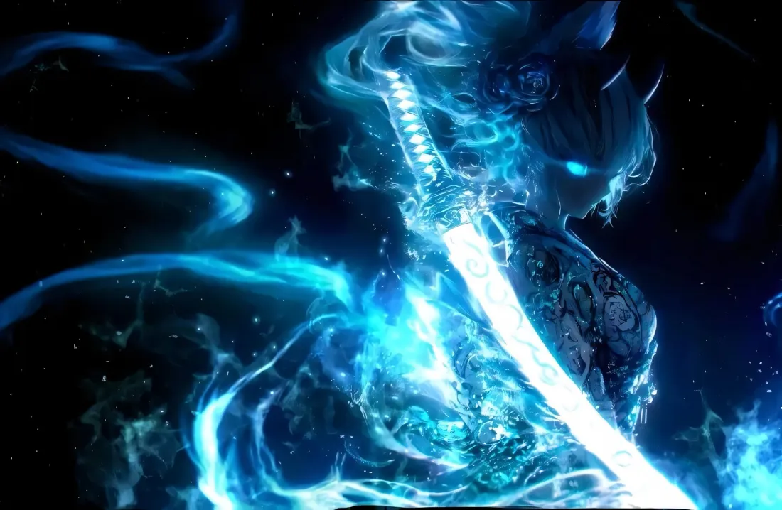 暗背景中蓝色火焰构成的武士少女，手持发光太刀，周身环绕流动蓝焰。