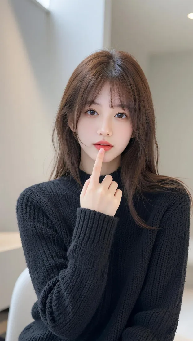 棕发齐刘海少女穿黑色毛衣，竖食指抵唇，室内浅白背景虚化