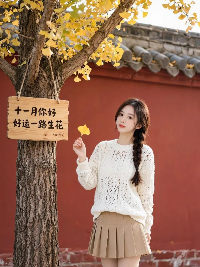 秋日红墙银杏树下，麻花辫少女手持银杏叶，旁挂十一月你好木质标牌