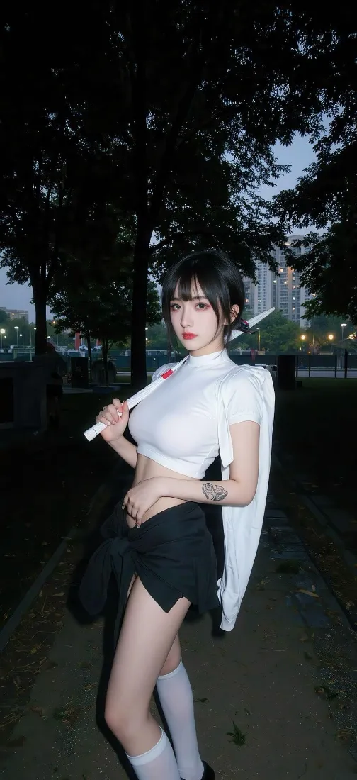 夜晚户外公园中，短发年轻女子身着白短上衣黑短裙白中筒袜，手持白色长物站立。