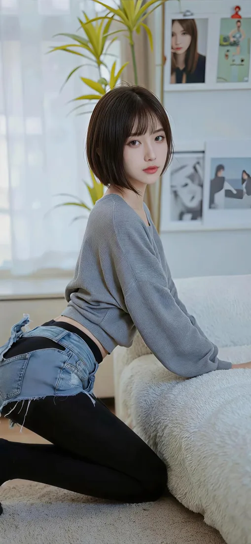 短发女生居家室内，穿灰色上衣牛仔短裤黑丝，倚靠沙发看向镜头