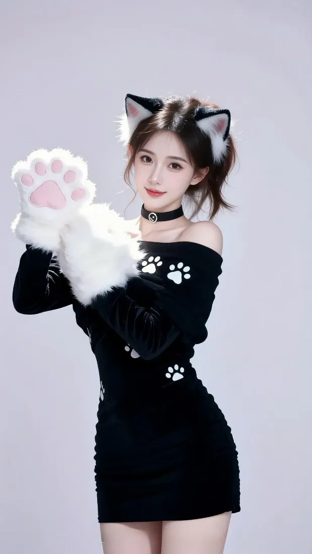 戴猫耳发饰、穿露肩黑裙戴毛绒猫爪手套的年轻女性摆拍