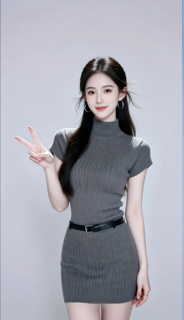 长发女子穿灰色针织包臀裙，系黑腰带，抬手比耶，浅灰纯色背景。
