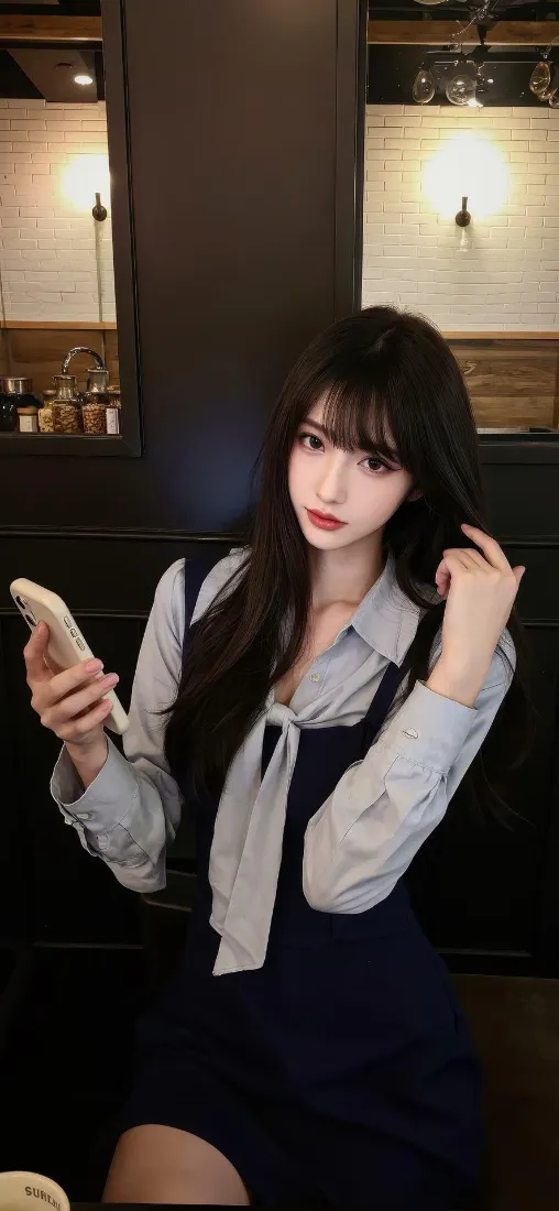 长发红唇女子手持手机，身着灰衬衫搭配深色背带裙，身处暖光室内环境