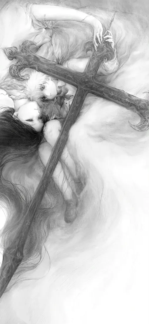 黑白手绘素描风格，长发女性斜倚在雕花木质十字架旁，氛围朦胧暗黑。