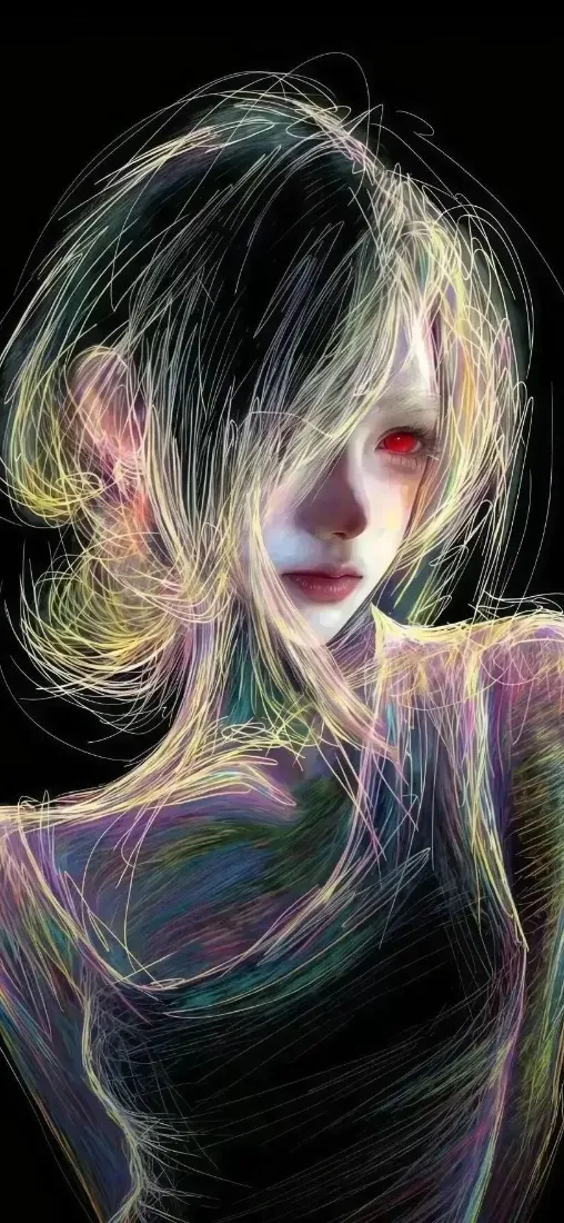 纯黑背景下，彩线厚涂风格的金发红瞳少女，发丝凌乱半遮面部。