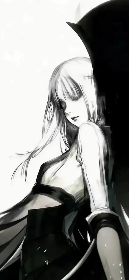 黑白手绘二次元少女，长发遮眼，身着暗黑服饰，氛围阴郁神秘。