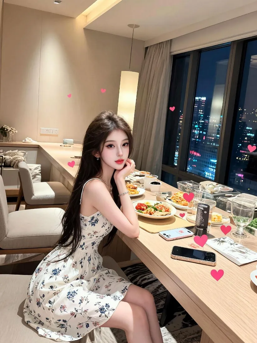 长黑发碎花吊带裙女生坐于高层餐厅餐桌旁，窗外是城市夜景，画面点缀粉色爱心。