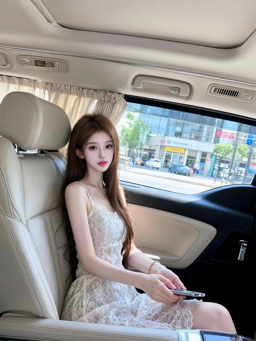 棕发长发美女身着白色蕾丝吊带裙，坐在米白色汽车后座手持手机，窗外是城市街景。