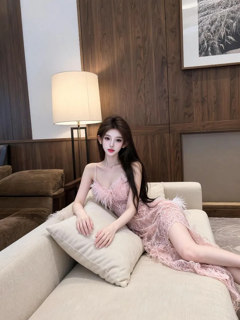 长发女子身着粉色羽毛蕾丝吊带裙，斜倚在室内浅色沙发上，怀抱抱枕。