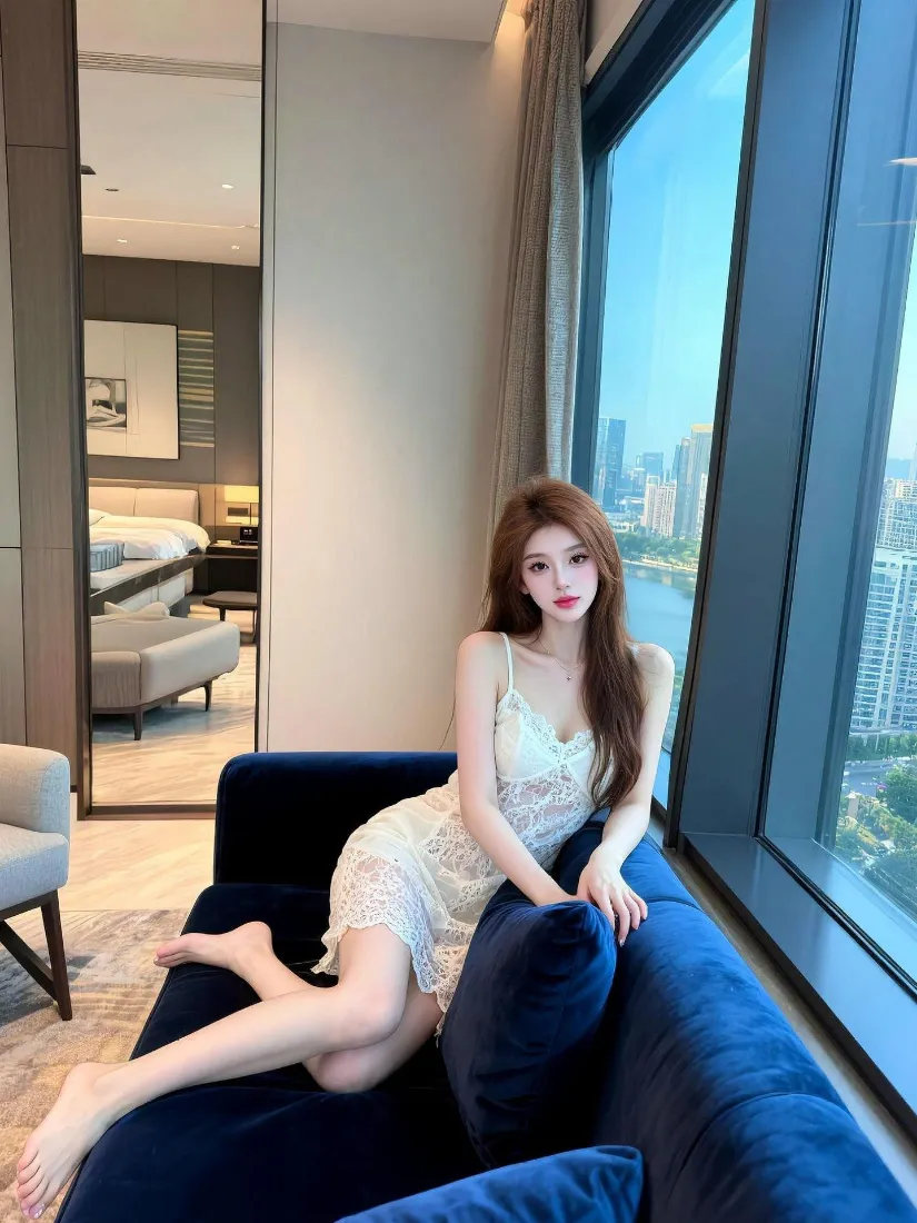长发女子穿白色蕾丝吊带裙，坐于落地窗旁蓝色沙发上，窗外是城市江景。