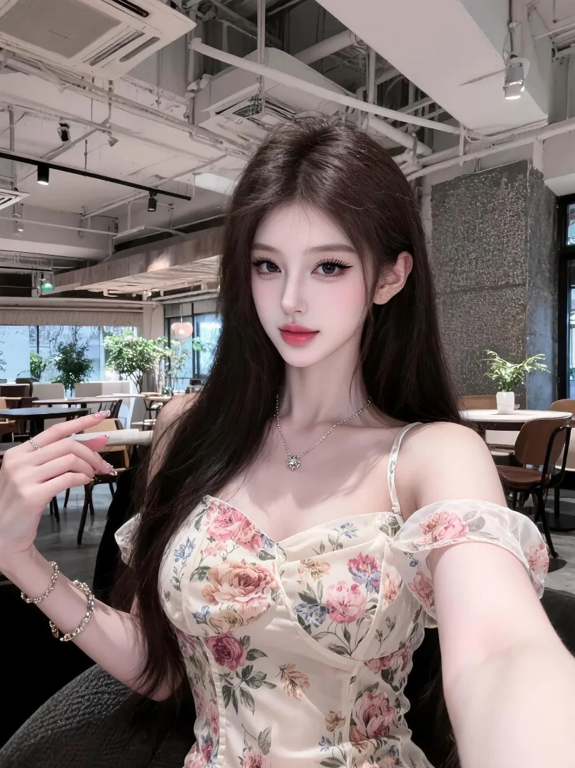 黑长发美女穿碎花吊带在咖啡厅自拍，背景虚化，佩戴项链手链。
