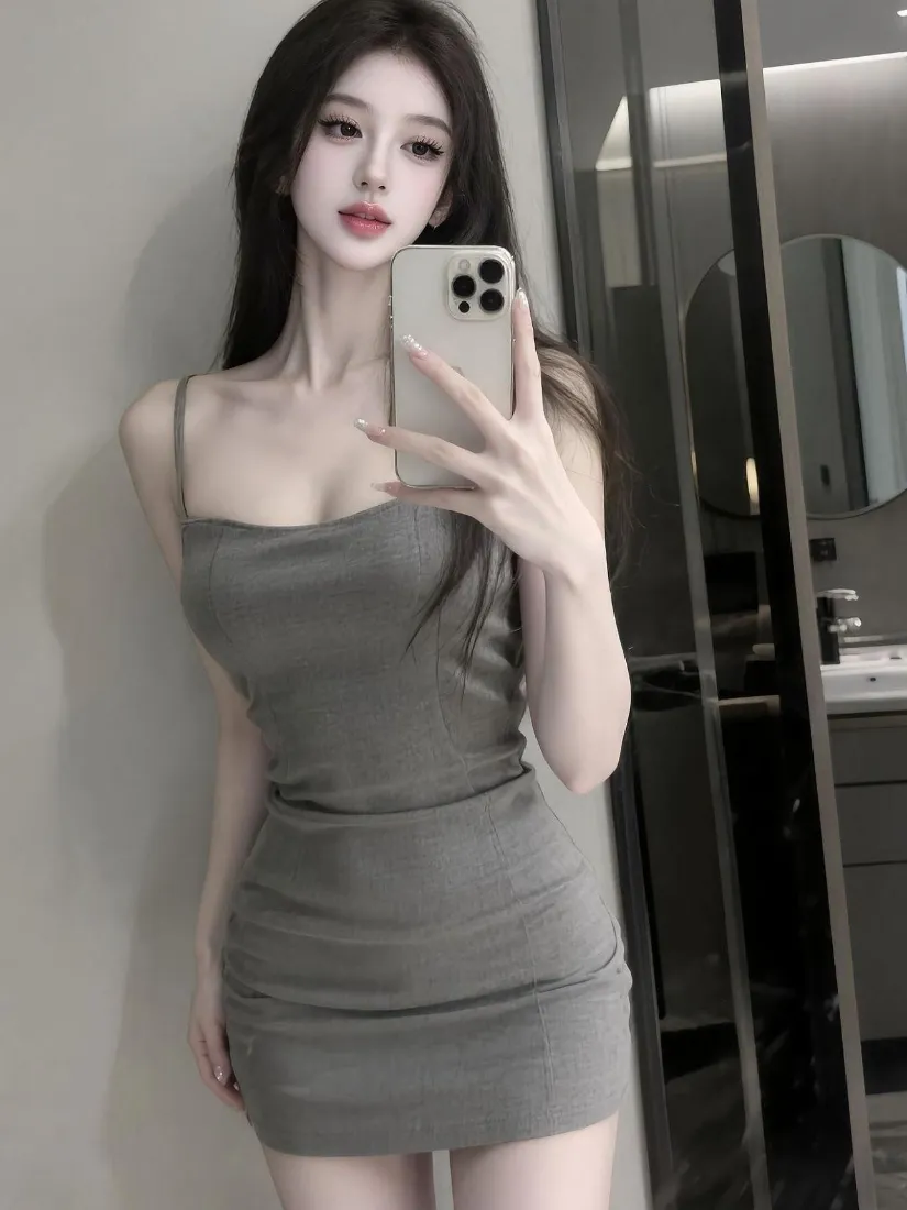长发女子穿灰色吊带紧身包臀裙，在室内对镜举手机自拍
