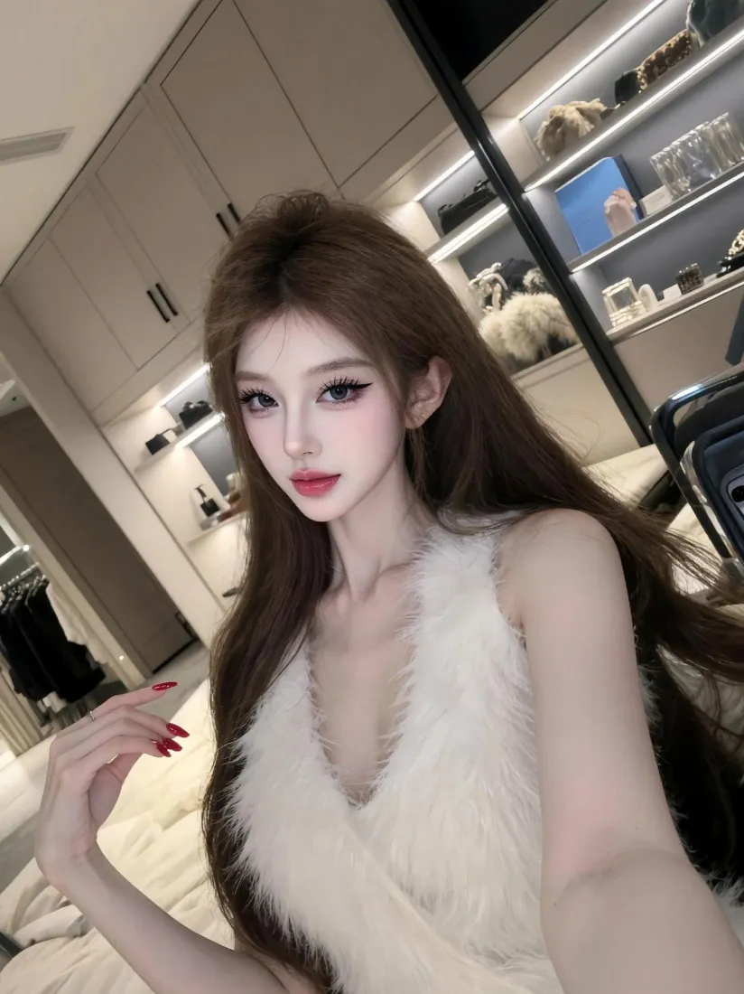 棕发长发女子身着白色毛绒V领上衣，在现代轻奢室内空间自拍。